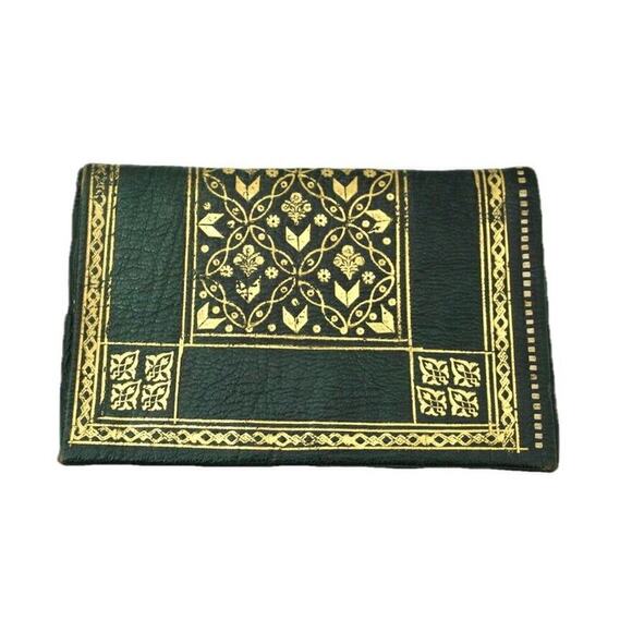 Vtg Leather Passport Wallet Green Gold Embossed 6 compartments 1920s - Picture 3 of 4
